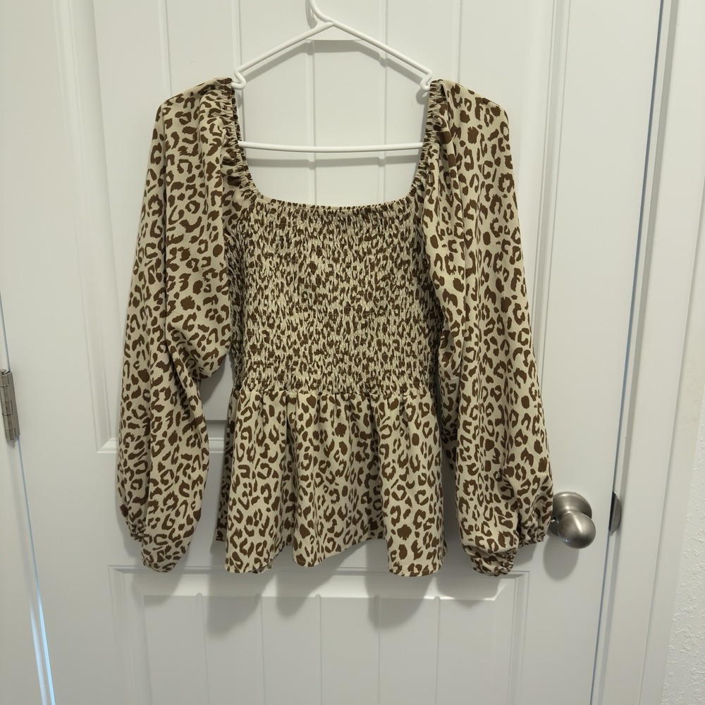 Amoli Women's Long Sleeve Brown Leopard Print Babydoll Blouse Size M